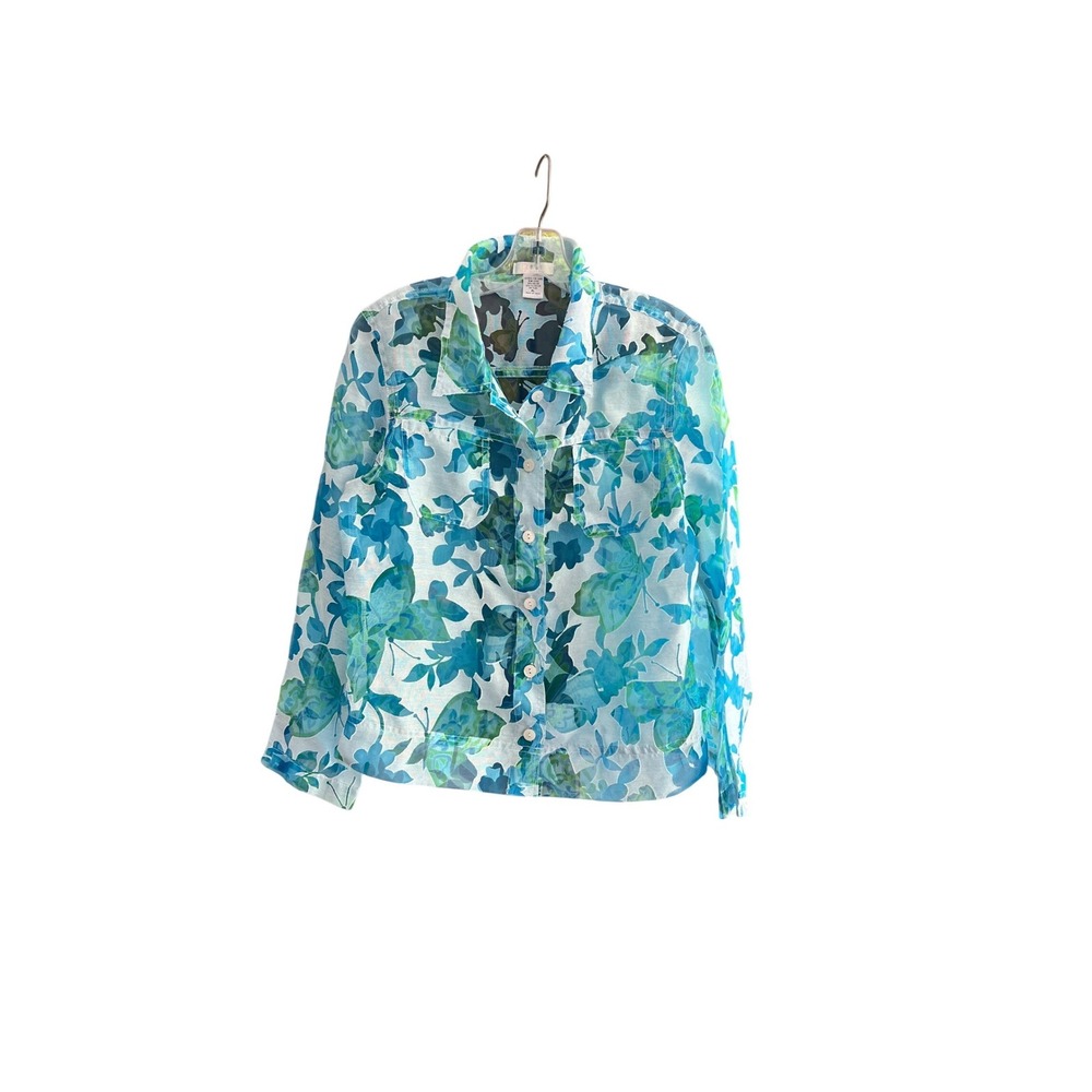 Erin by Erin London Blue Green Butterfly Floral Sheer Burnout Shirt Petite Large